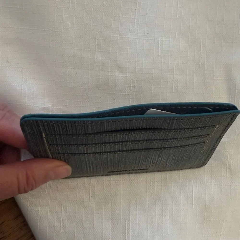 J. FOLD LEATHER CARD CARRIER.  GREY WITH BLUE TRIM.  NEW.